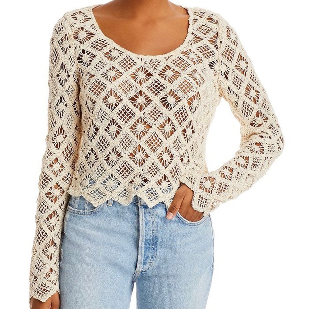 Aqua | Natural Beige Cotton Crochet Long Sleeve Top